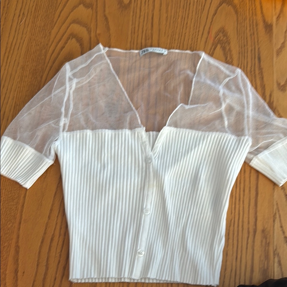 ZARA White Sheer Button-Up Top